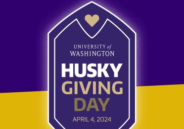 Husky Giving Day badge on a purple and gold background