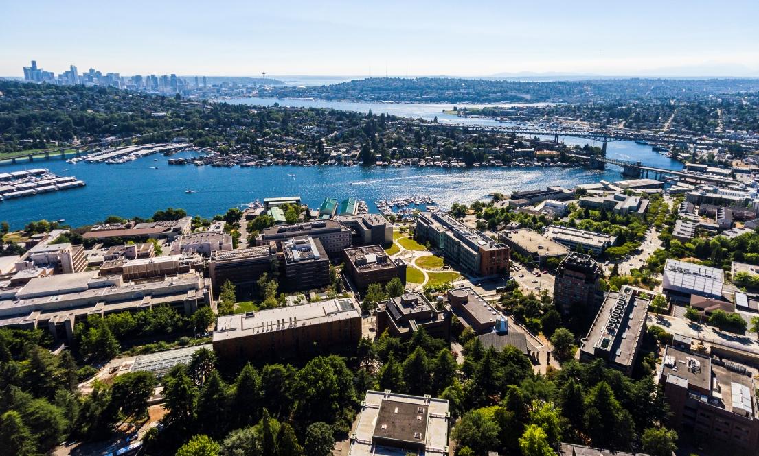 aerial view of portage bay and UW campus